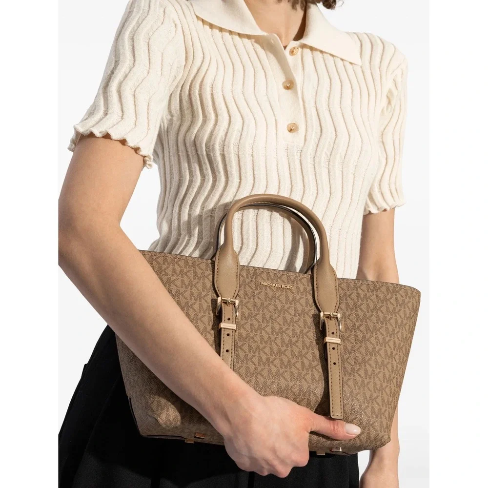 NEW MICHAEL Michael Kors Moore‎ Medium Signature Logo Leather Satchel in Husk